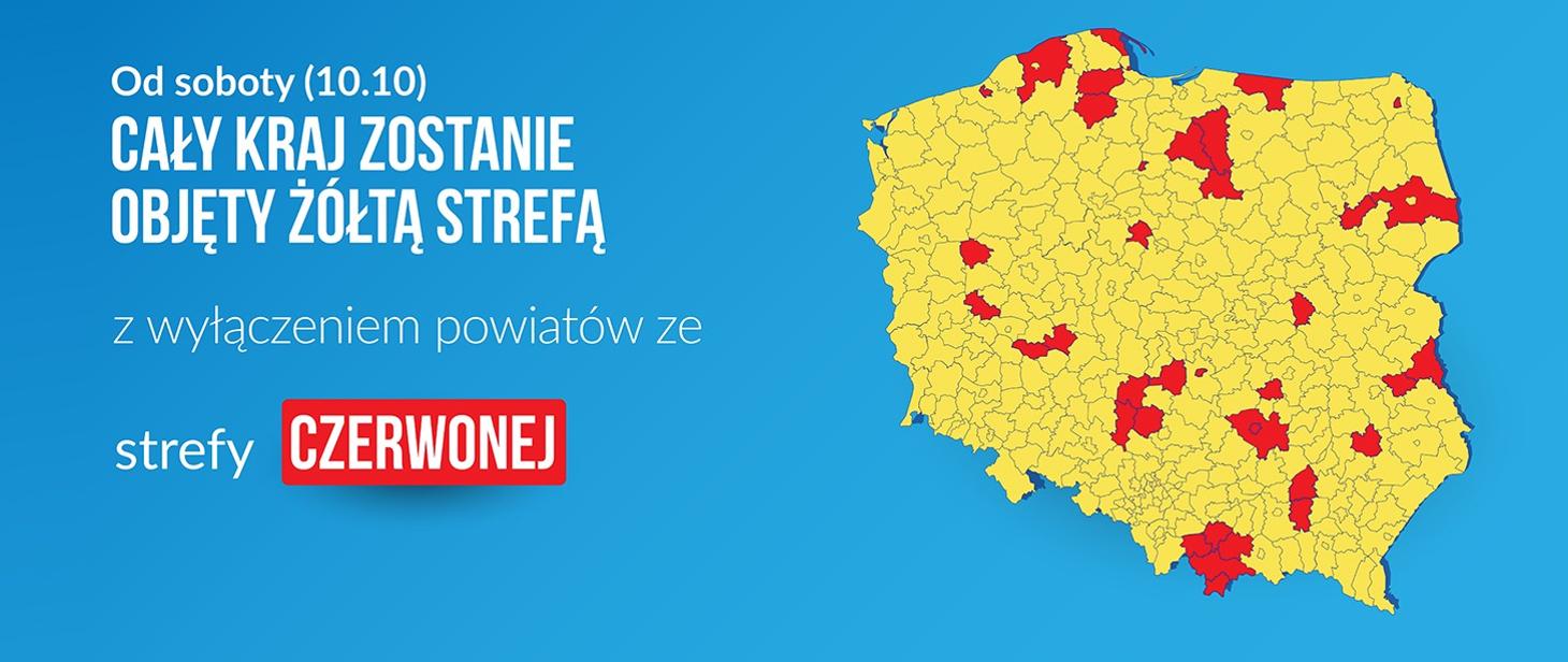 Grafika przedstawiająca podział powiatów na strefy czerwone i żółte, żródło: www.gov.pl