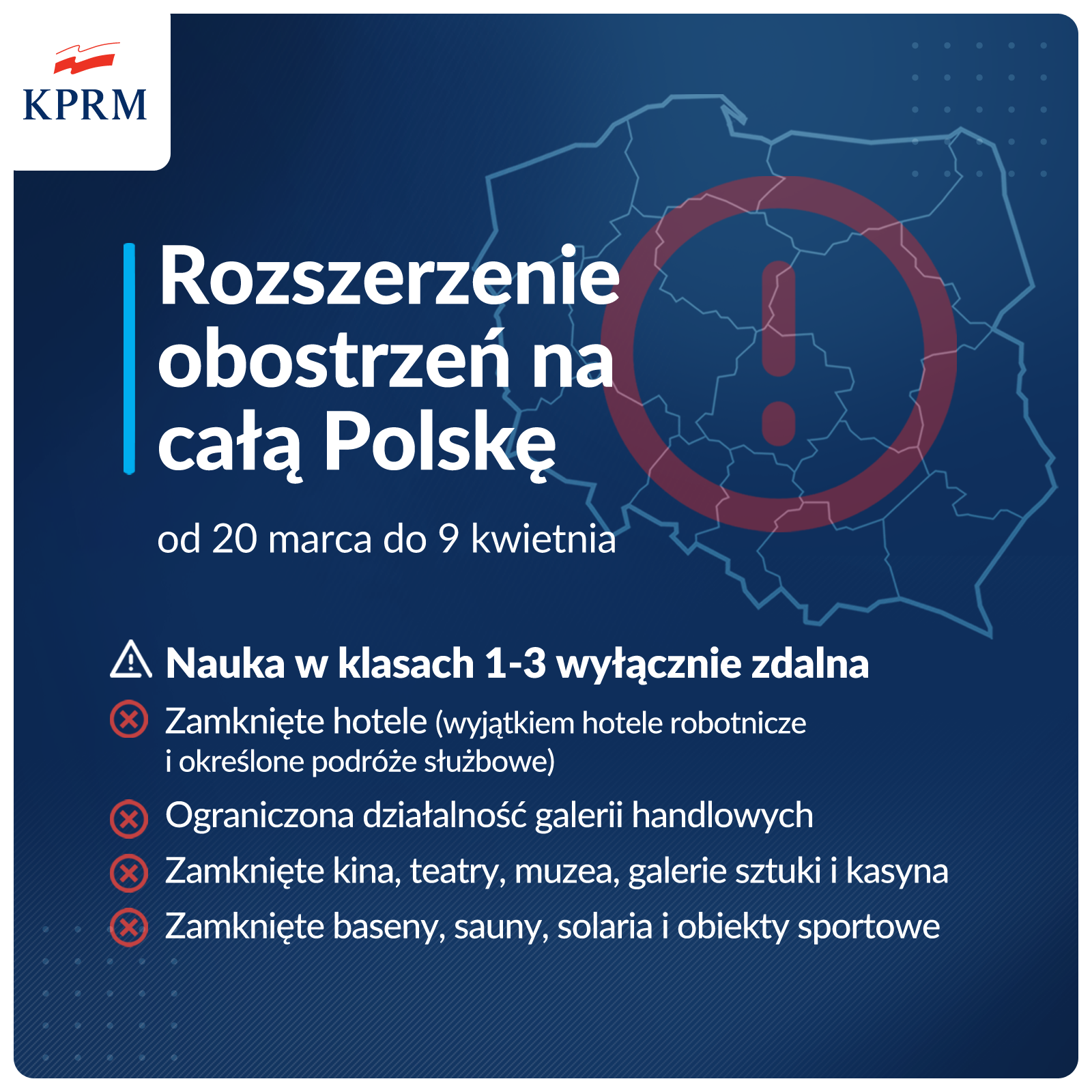 Grafika obrazująca rozszerzenie obostrzeń w całej Polsce od 20 marca do 9 kwietnia