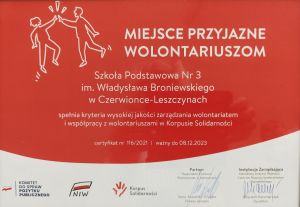 Certyfikat "Miejsce przyjazne wolontariuszom" dla