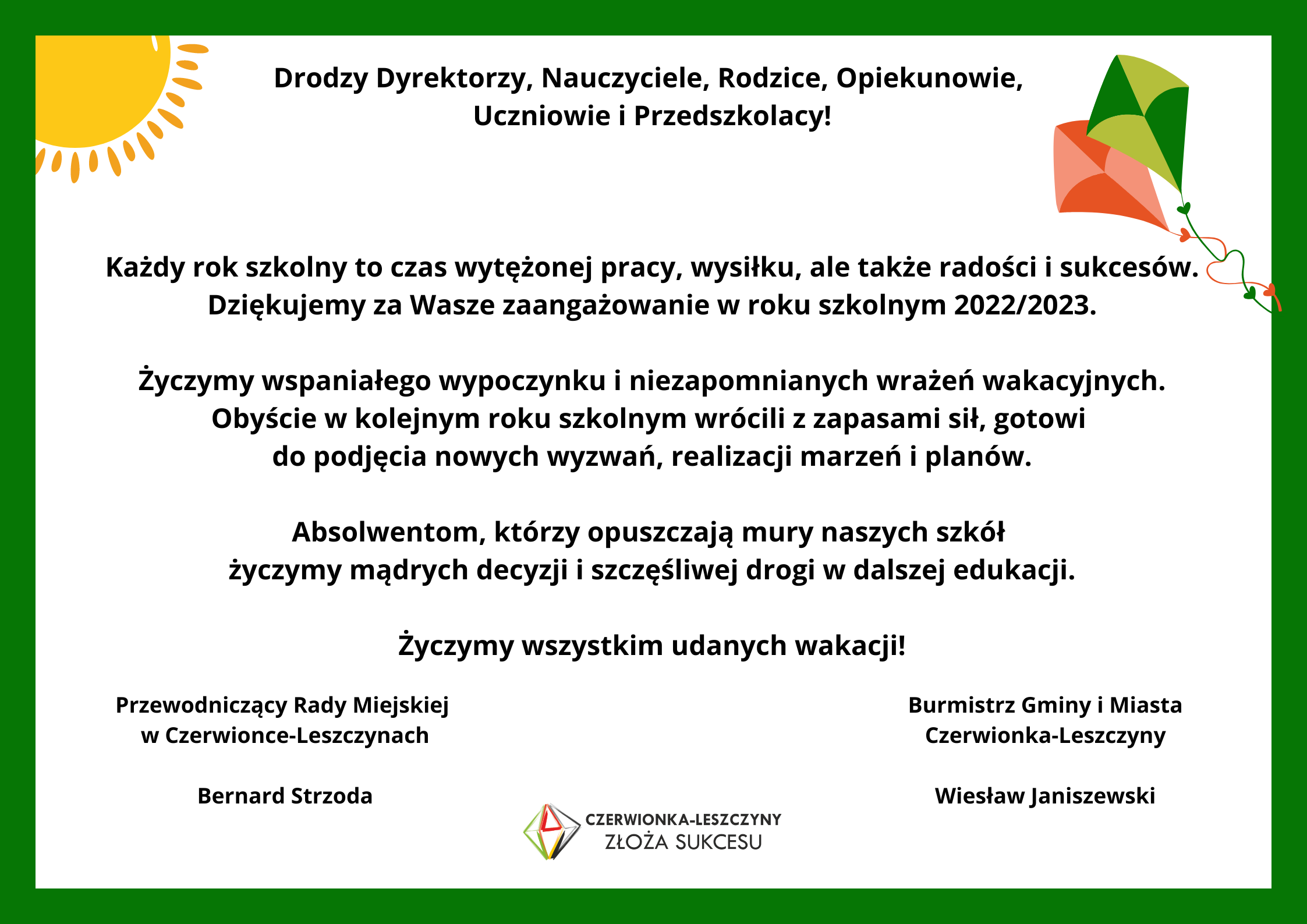 Życzenia Burmistrza z okazji nadchodzących wakacji